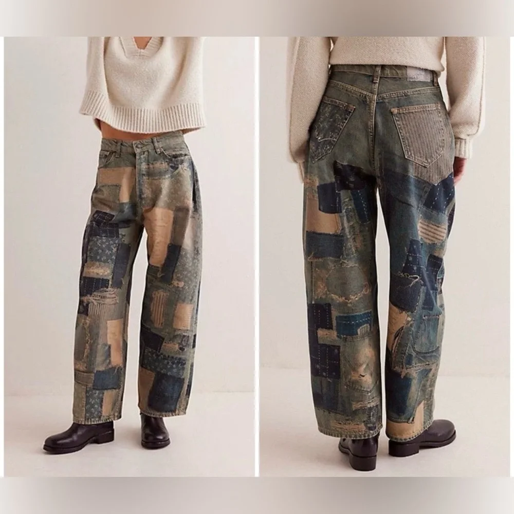 NWT Free People We The Free Illusions Printed Relaxed Jeans - indigo blue - 25